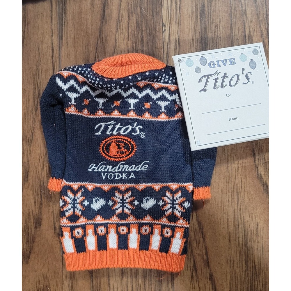 Tito's Vodka Holiday Ugly Mini Sweater Bottle Topper with Gift Tag NEW Barware